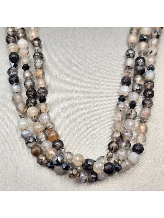 Multi-Strand Dragon Vein Agate Beaded Necklace 16" 925 Silver Clasp Undyed - Picture 1 of 13